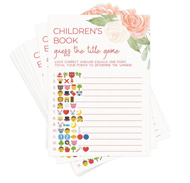 Printed Party Baby Shower Games â€“ Guess the Childrenâ€™s Book Title Game for Girl, Baby in Bloom Floral Theme, 50 Cards - Image 1